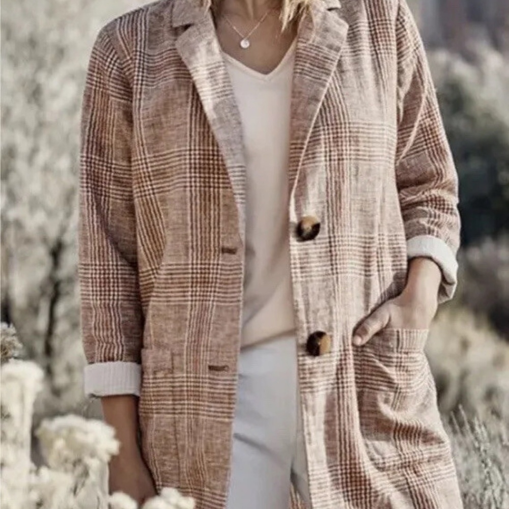 J. Jill Women Jacket Size MP Medium Petite Oversized Linen Cotton Plaid Pockets